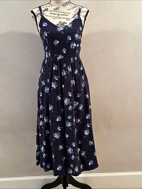 Navy Blue Floral Spaghetti-Strap Midi Dress